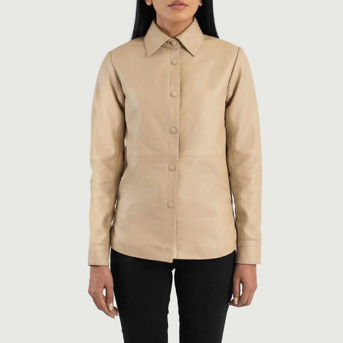 Vue détaillée of Shirt &amp; Leather Buttons Hardware on Women's Zenith Beige Leather Shirt Jacket